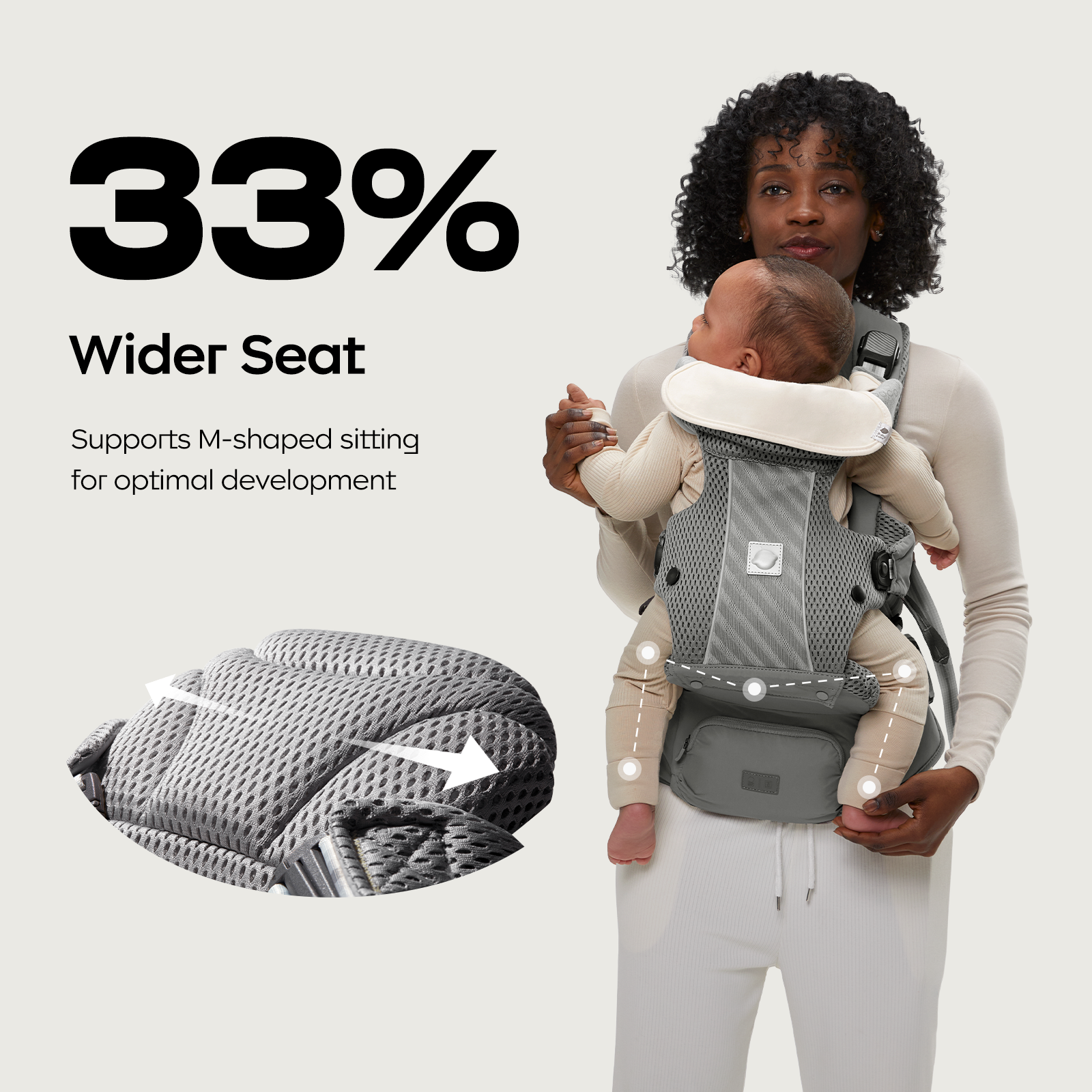 A mother carries a baby in a carrier; inset shows the seat labeled “33% WIDER SEAT”